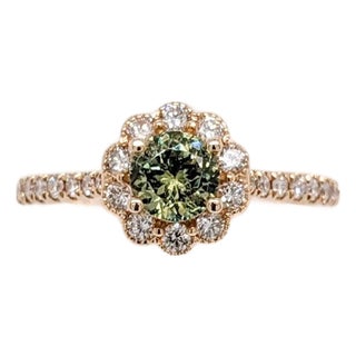 Demantoid Ring W Earth Mined Diamonds in Solid 14k Yellow Gold | Round 5mm, Size 6.75 For Sale