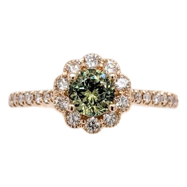 Demantoid Ring W Earth Mined Diamonds in Solid 14k Yellow Gold | Round 5mm, Size 6.75 For Sale