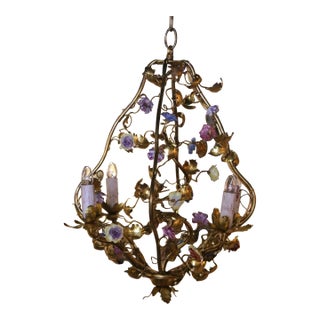 Early 20th Century French Brass and Porcelain Flowers Four-Light Chandelier For Sale