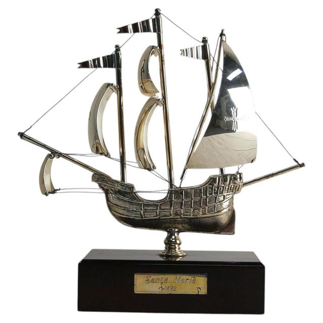 Metal French Decorative Model Silver Boat on Pedestal, 1980 For Sale - Image 7 of 7