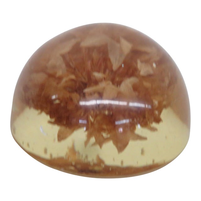 Dome Shaped Amber Hue Resin Paperweight With Enclosed Dried Flower Petals 5073b For Sale