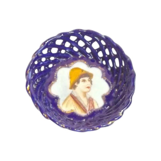 Antique Hand-Painted German Basket-Weave Dish For Sale