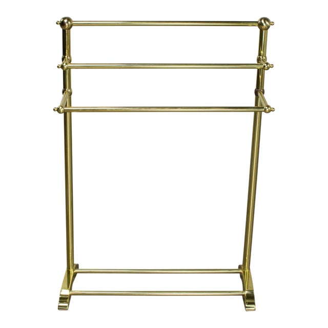 Late 20th Century Hollywood Regency Style Solid Brass Freestanding Towel Stand Triple Tiered Bars For Sale
