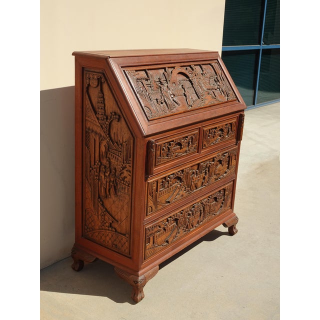 Asian Vintage Oriental Asian Carved Drop Leaf Secretary Desk Dresser Made in Japan For Sale - Image 3 of 11