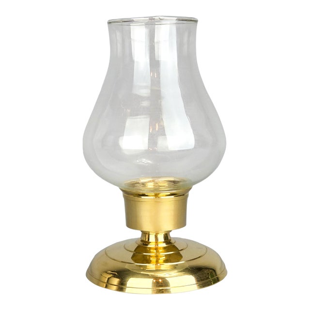Vintage Brass Taper Candlestick Holder With Glass Hurricane Shade Oil Lamp Shape For Sale