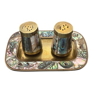 1950s Cute Vintage Brass and Abalone Shell Salt and Pepper Shakers For Sale