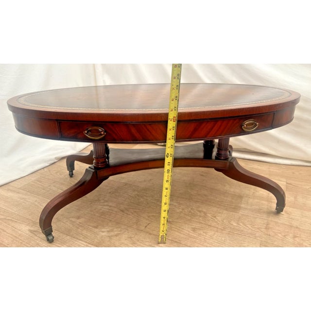 Vintage Weiman Mahogany Oval Coffee Table Brown Tooled Leather Top Federal Style For Sale - Image 10 of 14