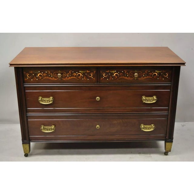 Antique Herts Brothers Edwardian Bronze & Satinwood Inlay Mahogany Chest Dresser For Sale - Image 12 of 12