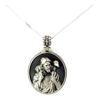 Victorian God Jesus Medallion Charm in Sterling Silver For Sale