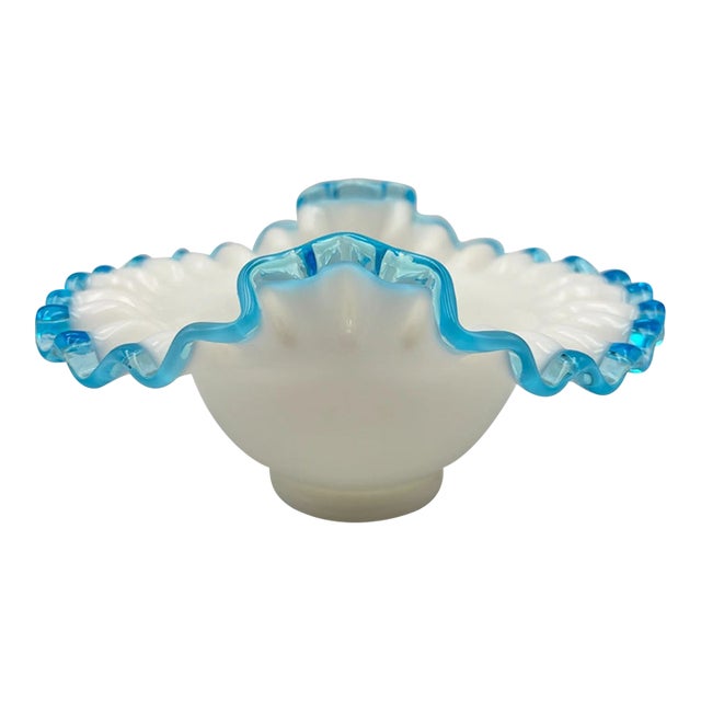 Vintage Fenton Milkglass Aqua Crest Crimped Round Bowl For Sale