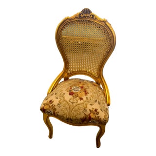 French Louis XV Style Cane Back Chair – Gold Leaf Frame With Floral Upholstery For Sale