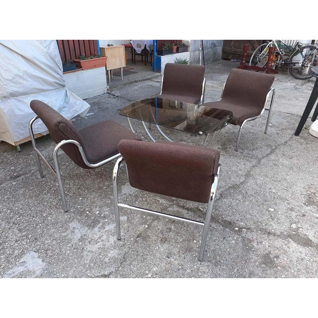 Brown Hungarian Chrome-Plated Metal Table and Dining Chairs Set, 1960s, Set of 5 For Sale - Image 8 of 10