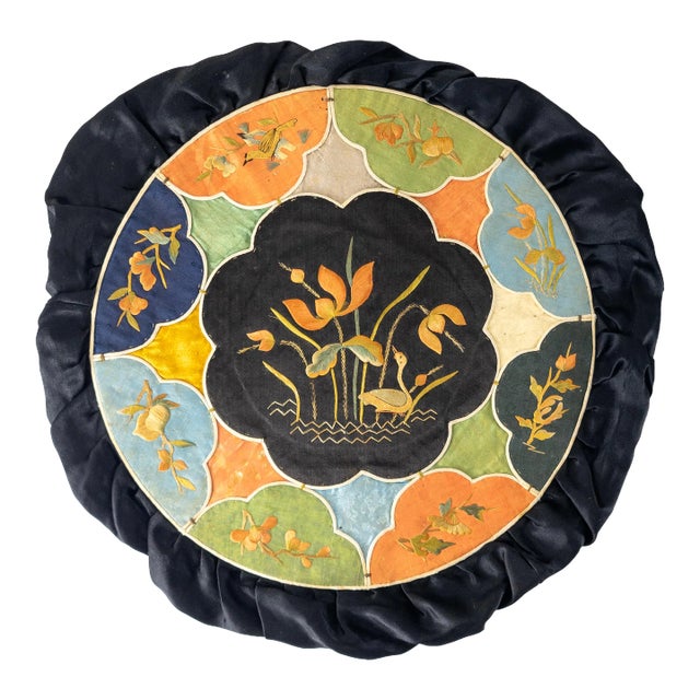 19th Century Fine Chinese Silk Embroidered Round Pillow Case Cover For Sale