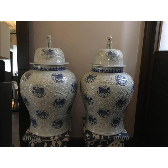 Porcelain Blue and White Giant Jar Vases, Set of 2 For Sale - Image 4 of 12