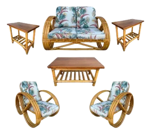 Restored 1950s Mid-Century Child Size 3-Strand Round Pretzel Rattan Living Room Set