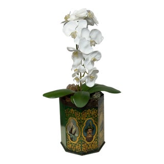Savage London Painted Tole Canister + Faux Orchid Arrangement, 19th-Century For Sale
