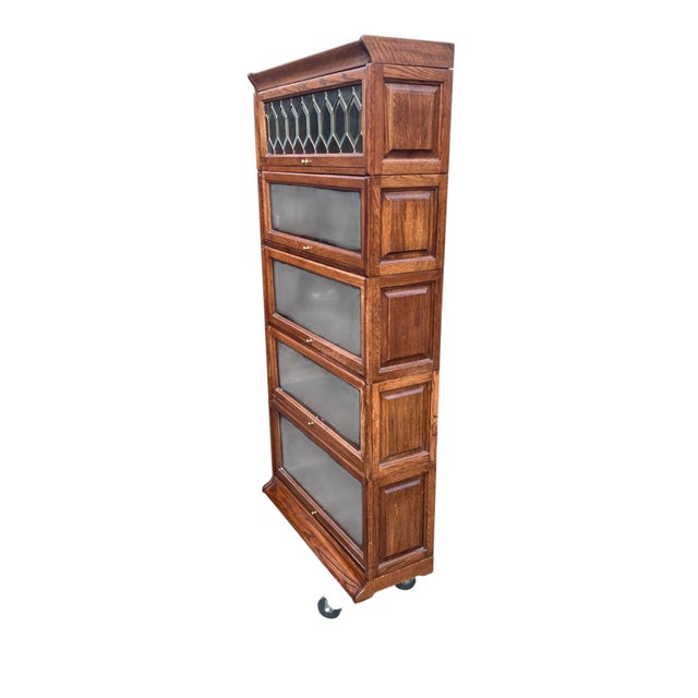 Late 20th Century Oak Barrister Leaded Top 5 Stack Bookcase For Sale - Image 14 of 17