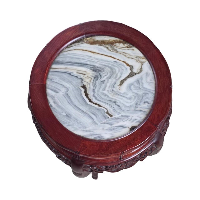 Vintage Chinese Carved Mahogany Marble-Top Pedestal Plant Stand For Sale - Image 6 of 10