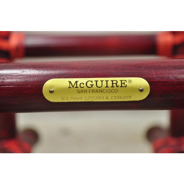 Late 20th Century Vintage McGuire Red Rattan Bamboo and Brass Glass Top Square Coffee Table For Sale - Image 5 of 12