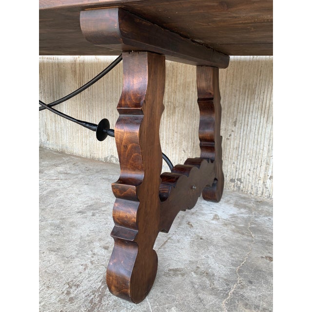 20th Century Spanish Baroque Style Walnut Lyre Legs Trestle Dining Table For Sale - Image 9 of 12
