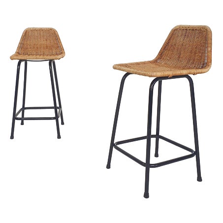 Vintage Dutch Rattan and Metal Bar Stools from Rohe Noordwolde, 1950s, Set of 2 For Sale