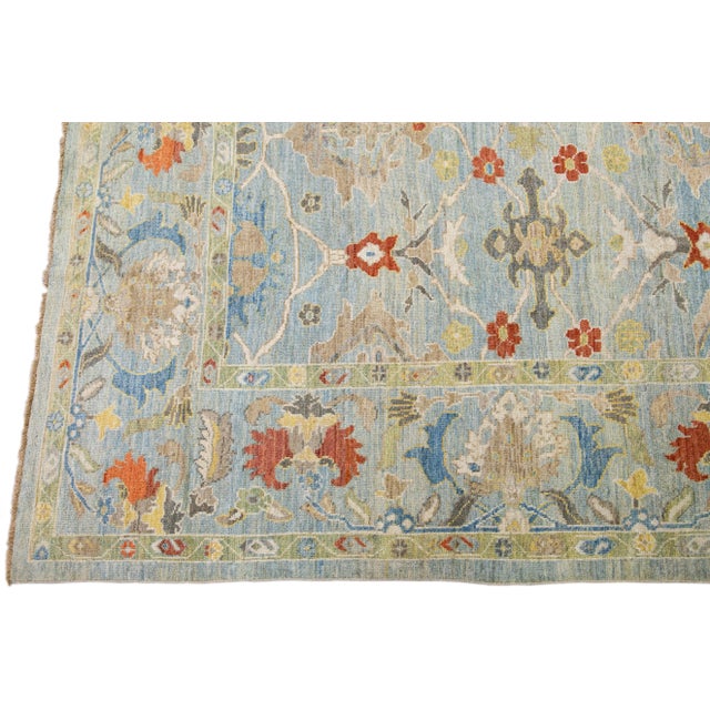 2010s Contemporary Sultanabad Light Blue Handmade Floral Motif Wool Rug For Sale - Image 4 of 9