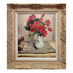 Lionel Floch -Still Life W/ Red Roses-1930s French Impressionist Oil Painting