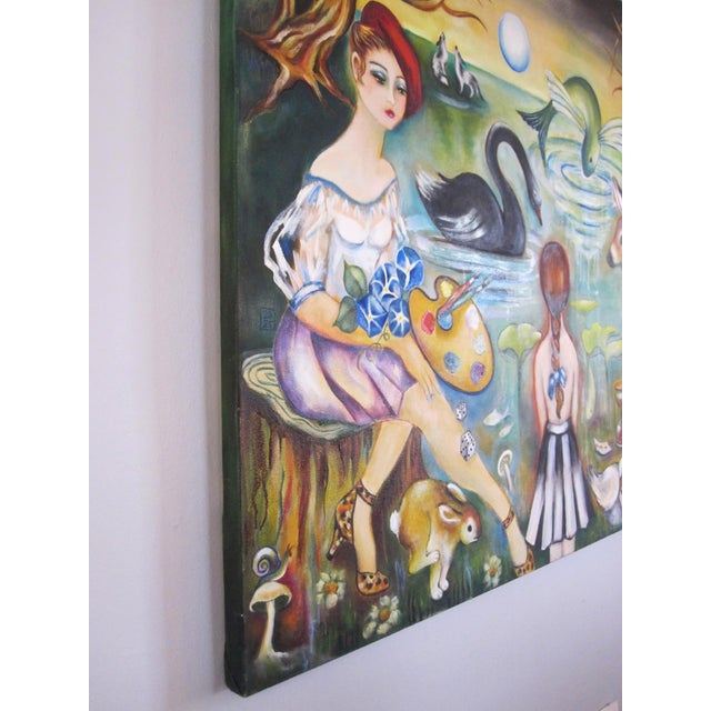Surrealism Lost Lagoon by Zoa Ace | Oil on Canvas Painting of a girl, animals, and a serene lagoon scene For Sale - Image 3 of 5