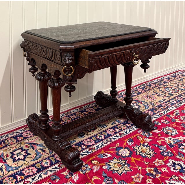 Antique French Oak Renaissance Revival Library Dolphin Table Desk C. 1880s For Sale - Image 10 of 18