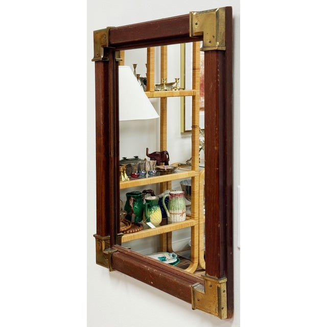 Mid 20th Century Vintage Solid Wood Wall Mirror With Campaign Brass Hardware For Sale - Image 5 of 7