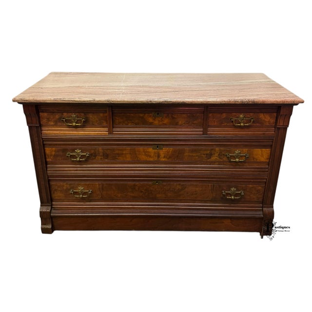 Antique Traditional Eastlake Style Chest of Drawers featuring High Quality Walnut Construction, Beautiful Burl Wood...