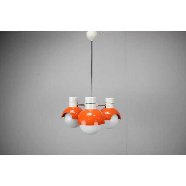Exceptional three-light chandelier by Napako, produced in Czechoslovakia during the 1970s. This iconic Mid-Century Modern...