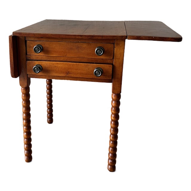 Antique English Hand-Constructed Cherry Drop Leaf Side/Work Table With Bobbin Legs For Sale