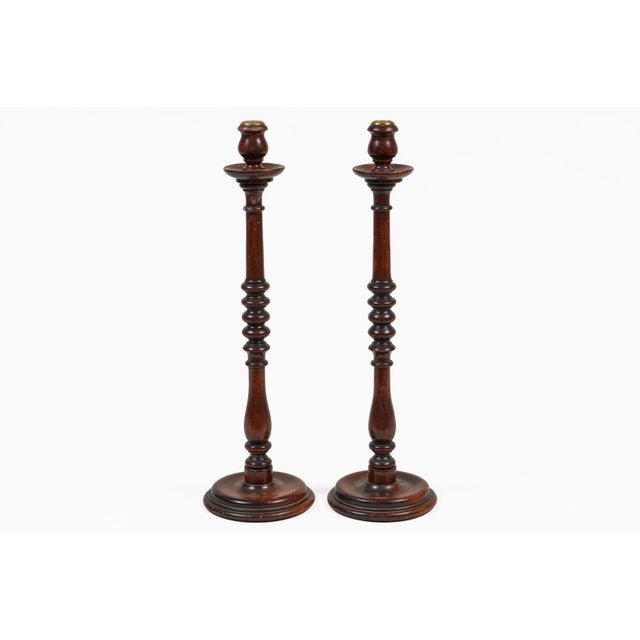 English Antique Tall Mahogany Turned and Carved Candlesticks, a Pair For Sale - Image 3 of 7
