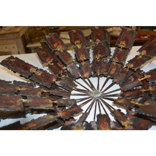 Brutalist Brass / Copper Colored Metal & Iron Jere Style Circular Windmill Wall Hanging Art For Sale - Image 9 of 13