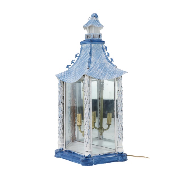 A Pair of Vintage Brighton Blue and White Chinese-Style Pagoda Wall Lamps For Sale - Image 4 of 17