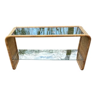 1970s Two Tier Wicker Waterfall Console Table For Sale
