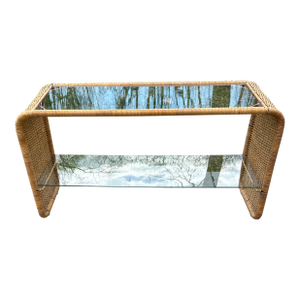 1970s Two Tier Wicker Waterfall Console Table
