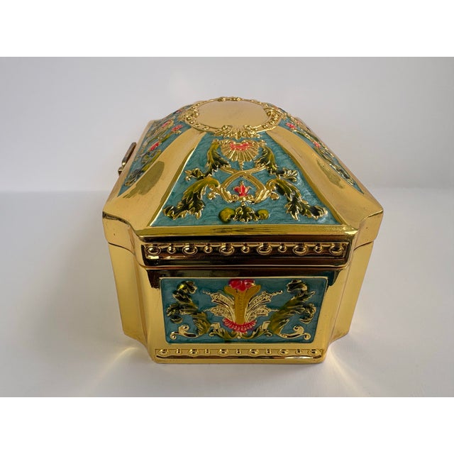 1960s Hollywood Regency Gilt Metal Jewelry Casket With Turquoise Enamel Panels & Velvet Interior For Sale - Image 5 of 11