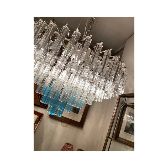 Transparent and Light Blue Triedro Chandelier in Murano Glass For Sale - Image 8 of 14