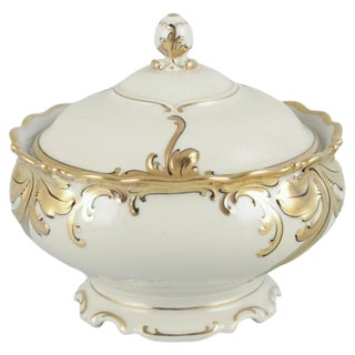 Lidded Bowl in Cream Porcelain with Gold Decoration by Friederike for KPM Berlin, 1930s For Sale