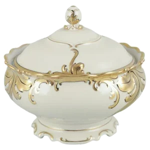 Lidded Bowl in Cream Porcelain with Gold Decoration by Friederike for KPM Berlin, 1930s