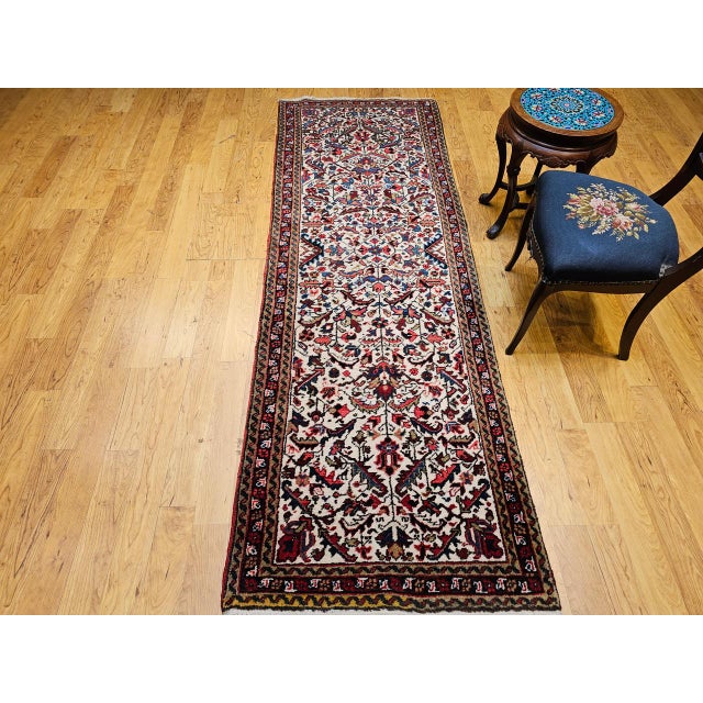 Vintage Persian Heriz Runner Rug, Hand-Knotted Wool, Allover Geometric Pattern, Ivory & Red, 3x9 For Sale - Image 13 of 14