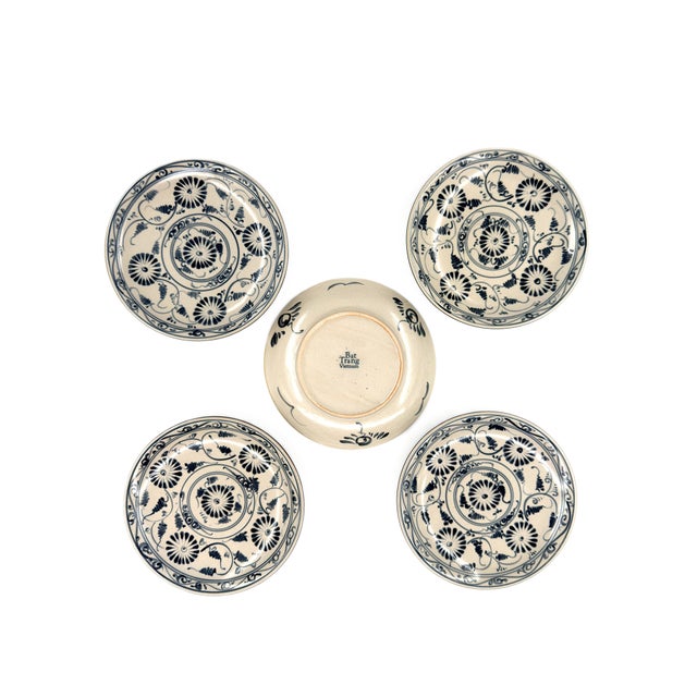 Ceramic Set of 5 Bat Trang Vietnamese Ceramic Dessert Plates With Hand Painted Blue Floral Motifs For Sale - Image 7 of 10