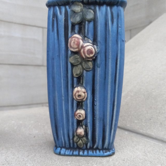 Weller Pottery 1915 Weller Art Pottery Blue Drapery Pair (2x) of Vases For Sale - Image 4 of 12