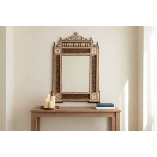 This very decorative Middle Eastern mirror features a crown shaped top and intricate wooden Mousharabi lattice and spindle...