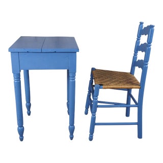 Early 20th Century Antique Primitive Early American Blue Painted Side Accent Table & Shaker Chair - Set of 2 For Sale
