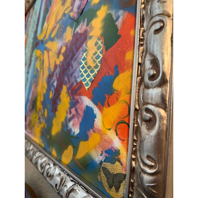 Large Vibrant Abstract Mixed Media Painting on Canvas Ornate Silver Frame Statement Art For Sale - Image 10 of 12