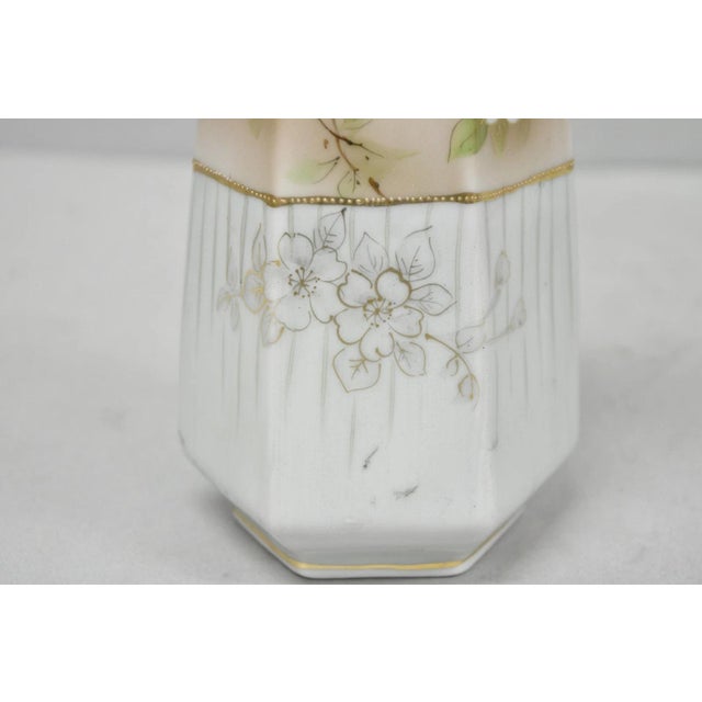 Early 20th Century Antique Nippon Twin Handled Pink Hand Painted Porcelain Hexagon Gold Rimmed Vase For Sale - Image 5 of 13