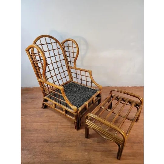 Mid Century Modern Rattan Wicker And Bamboo Framed Wingback Chair And Ottoman Chairish
